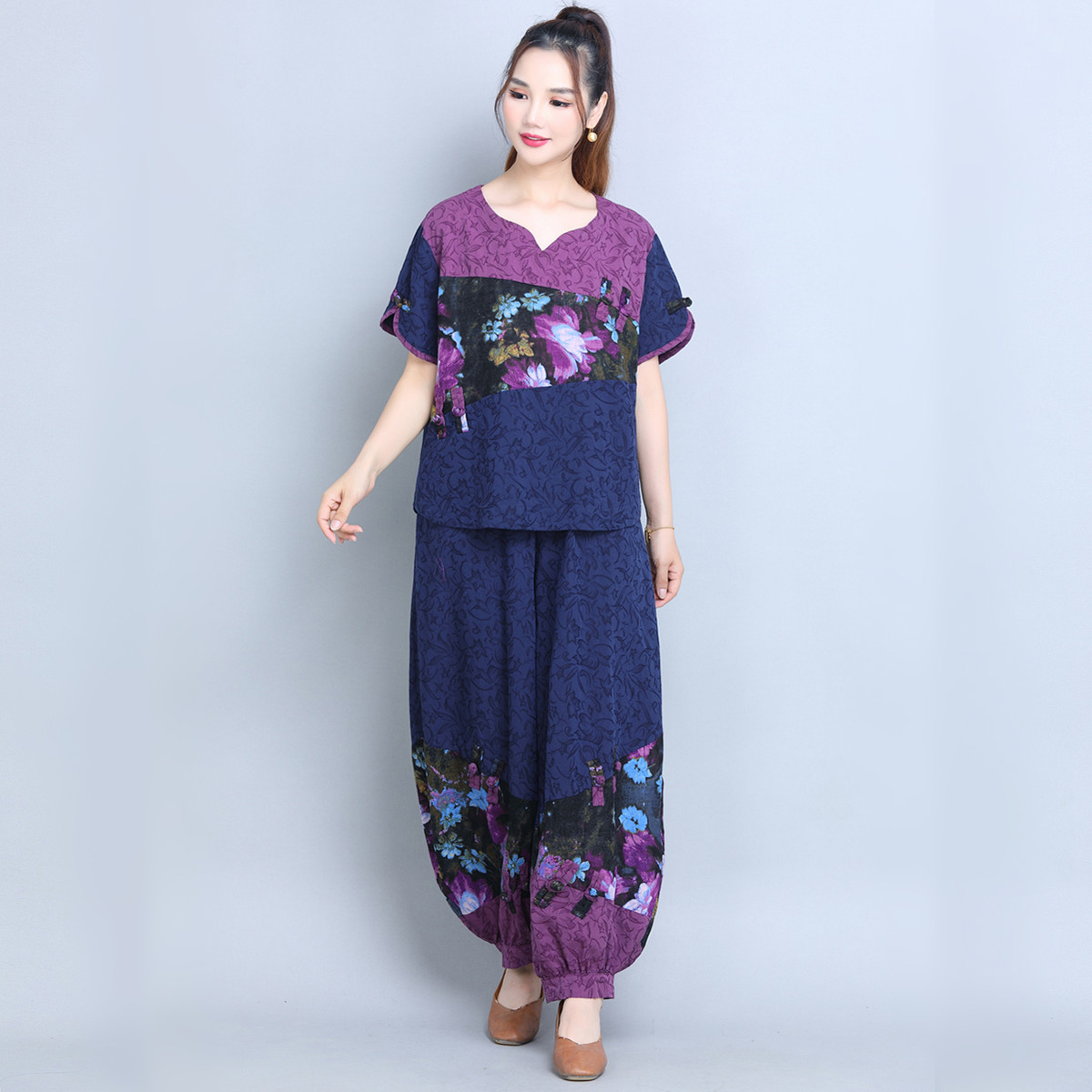 夏季妈妈装棉麻花卉短袖两件套