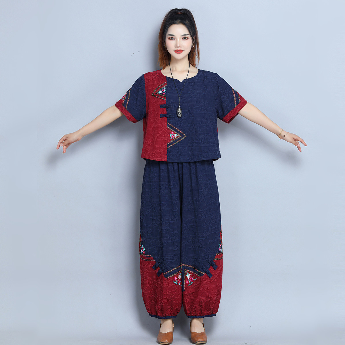 中国风棉麻中老年女装两件套