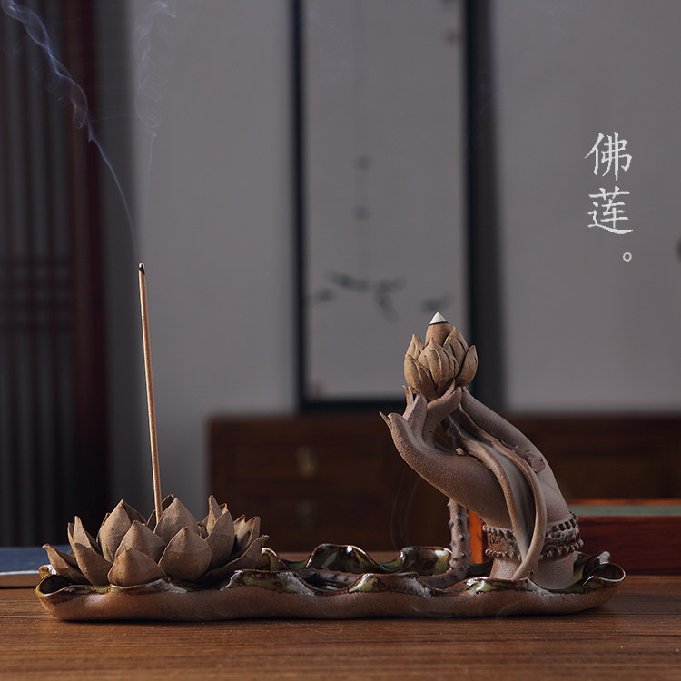 纯手工原创香插佛手 原创禅意荷叶莲花荷花香盘托香薰座瓷器