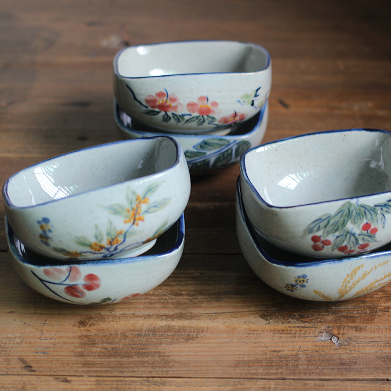 景德镇 纯手绘釉下彩青花四方碗陶瓷饭碗中式 点心沙拉小碗 11cm