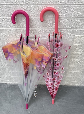 特价包邮出口原单雨伞透明花朵伞玫红粉色长柄手开加厚防风彩色伞