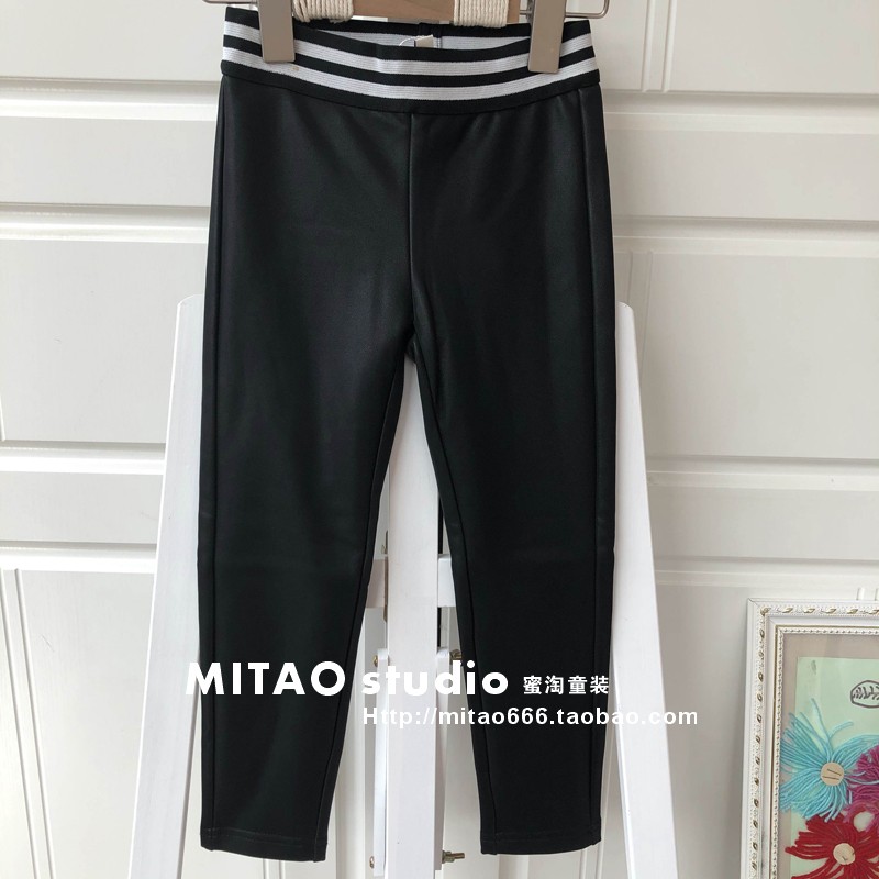 E* 130/160码秋冬童装折扣 黑色仿皮加绒打底裤6765