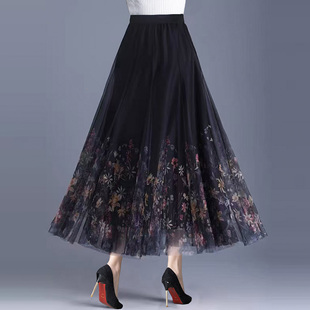 2026新款 印花两面穿大摆百褶a字裙子 显瘦网纱半身裙女春秋中长款