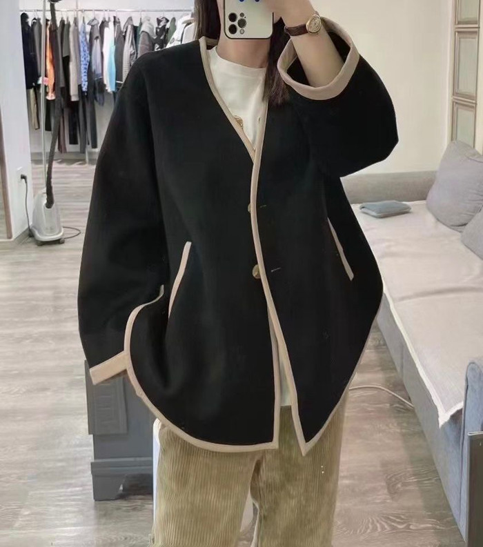 冬季新款V领两粒扣宽松长袖拼羊皮边羊毛羊绒中长大衣外套女