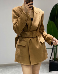 秋冬双面呢卡其色西装领系腰带修身中长款羊绒羊毛外套大衣女