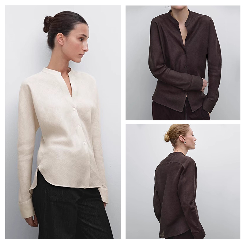 西班牙女装春秋季法式V领极简风复古高级感轻薄亚麻长袖衬衫上衣