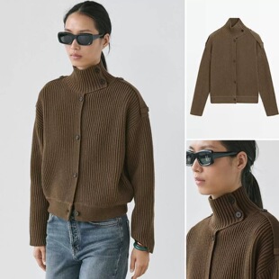 西班牙单2026春季新品设计感高智感羊毛纽扣高领毛衣针织开襟衫女