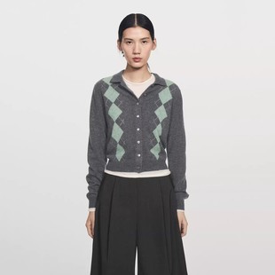 西班牙单2025秋冬季 上衣女 复古菱形格纹软糯羊毛polo领针织开襟衫