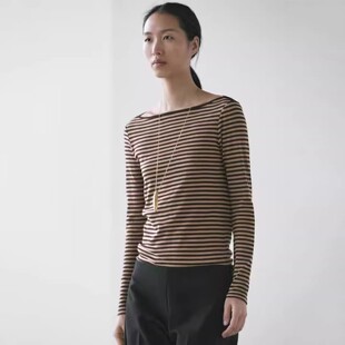 西班牙女装2026春季新品百搭简约休闲亲肤棉条纹船领长袖T恤上衣