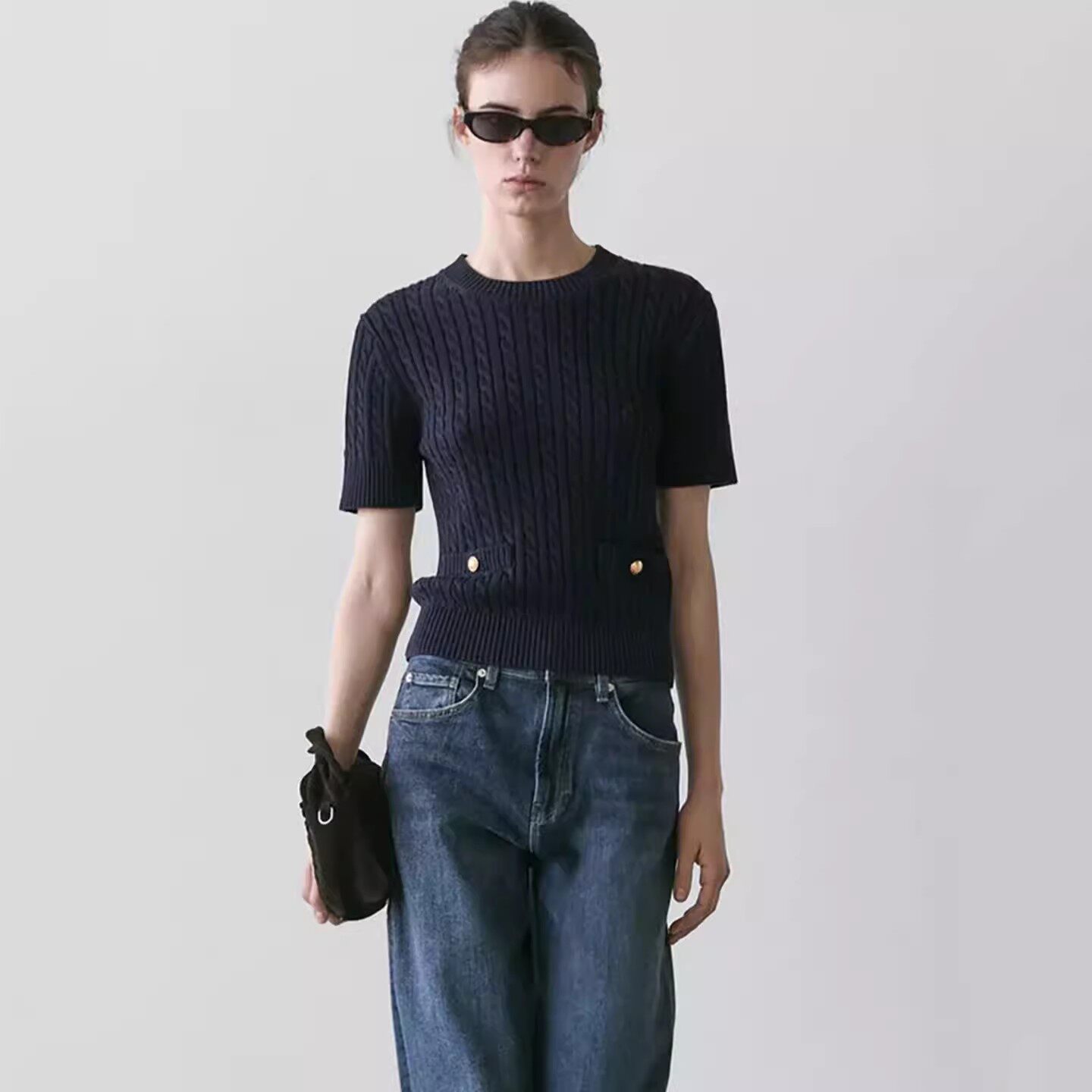 西班牙单 现货 2026春夏季小香风千金感绞花麻花套头短袖针织衫女