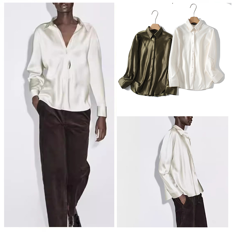 西班牙女装 现货 2025秋冬款简约法式老钱风智性缎面垂感长袖衬衫