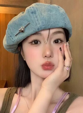 贝雷帽女爱心水洗牛仔八角帽薄款透气八角画家帽大头围显脸小帽子