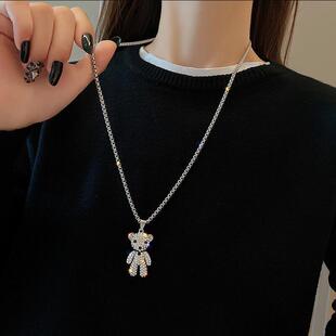 满钻小熊土酷女潮抖音同款不锈钢项链女网红卫衣链吊坠个性毛衣链