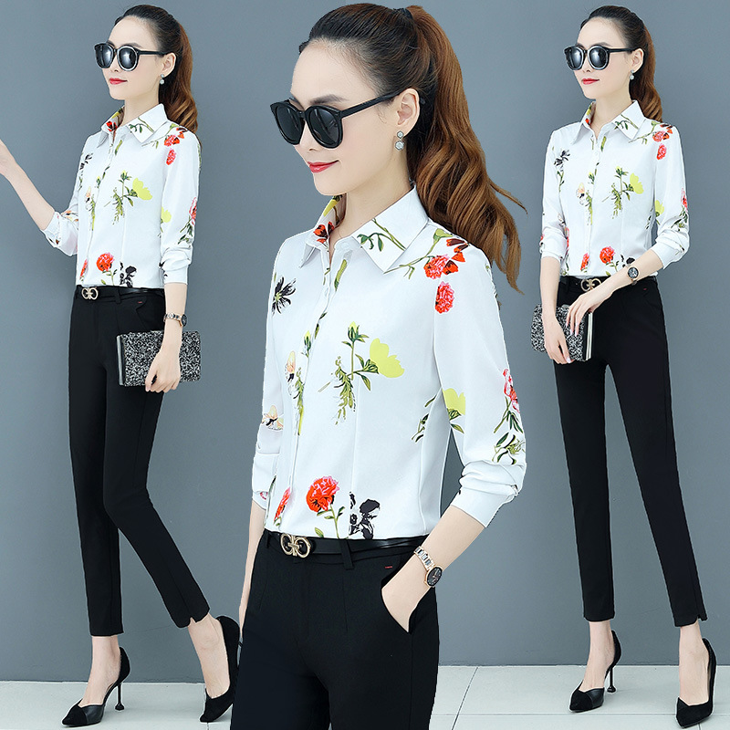 新款春秋印花女衬衫女长袖韩范洋气雪纺衫女士上衣女衣服时尚衬衣