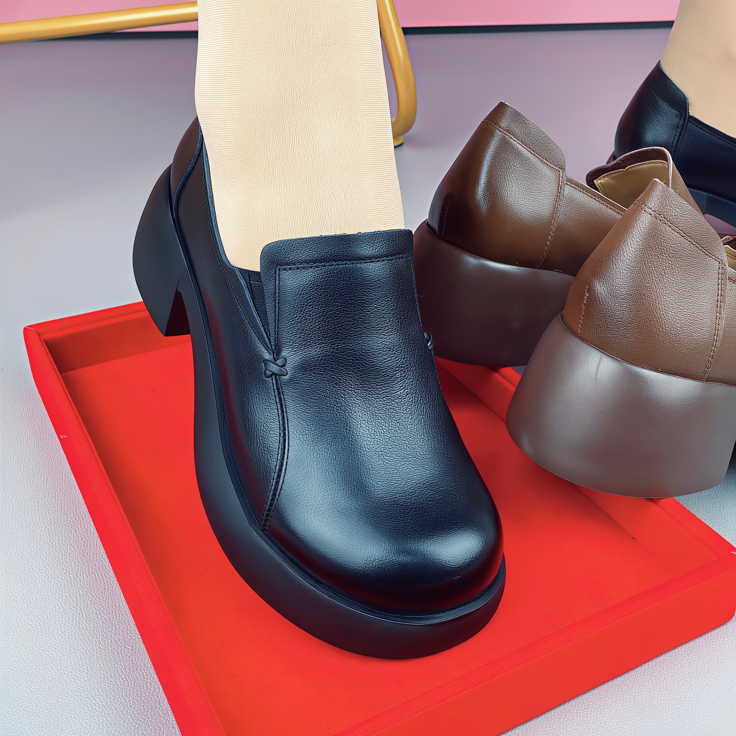 真皮乐福鞋女春季新款皮鞋通勤圆头一脚蹬中跟轻便工作鞋黑色单鞋