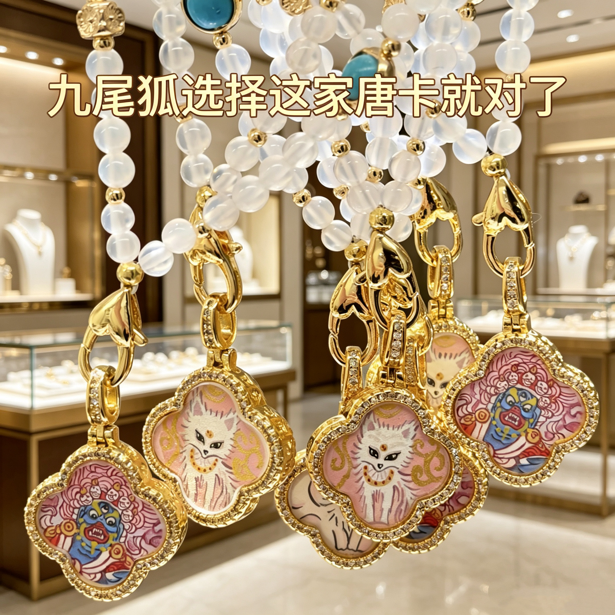 正品纯手绘九尾狐四叶草唐卡吊坠女招桃花好运爱情大黑天护身项链