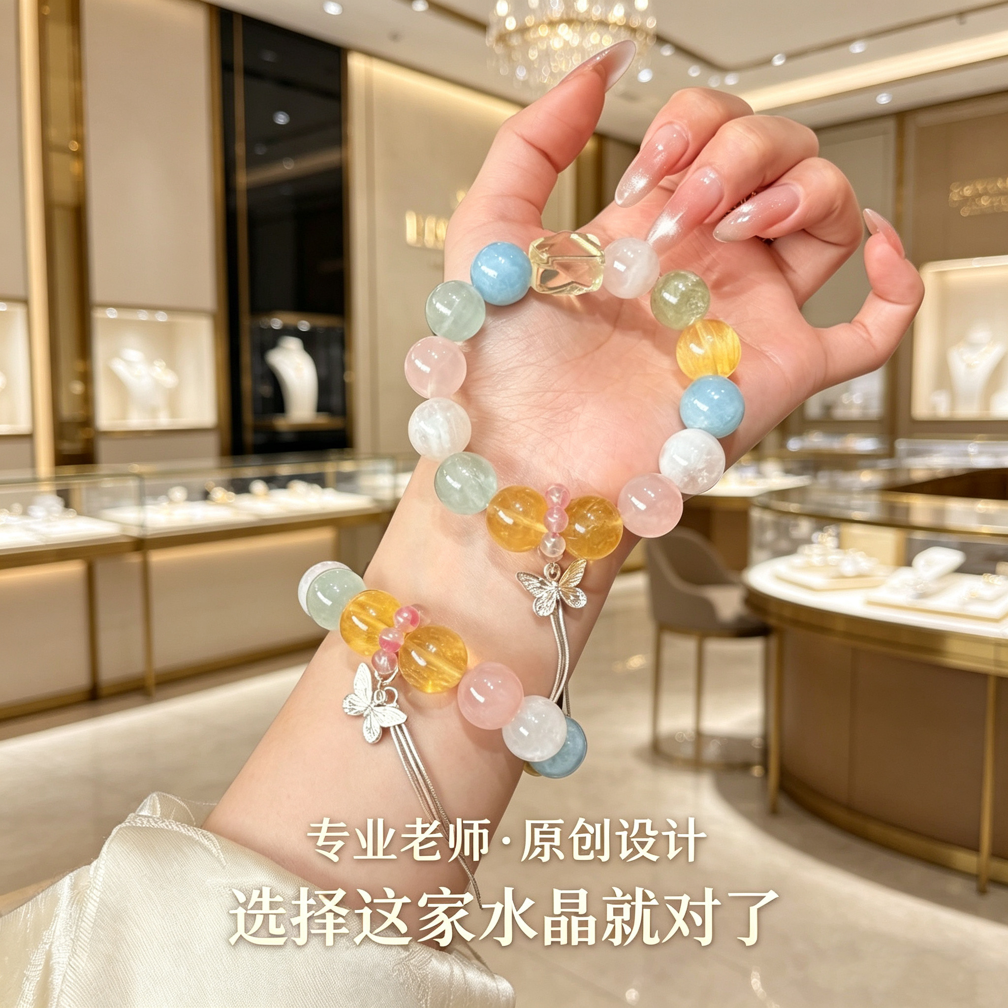 若慕春日清新海蓝宝粉水晶手链