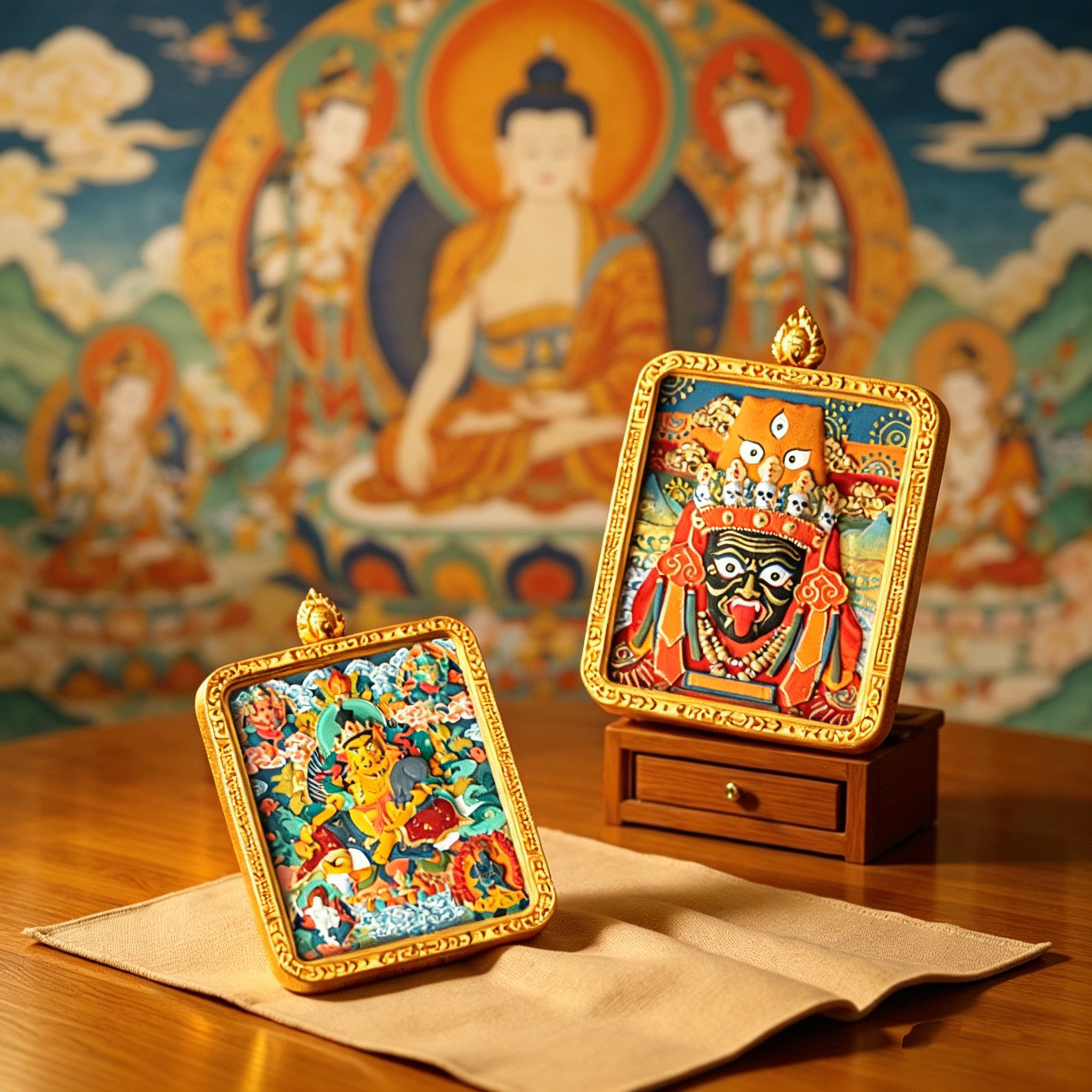 西藏纯手工绘扎基拉姆大黑天药师佛黄黑财神本命佛绿度母唐卡吊坠