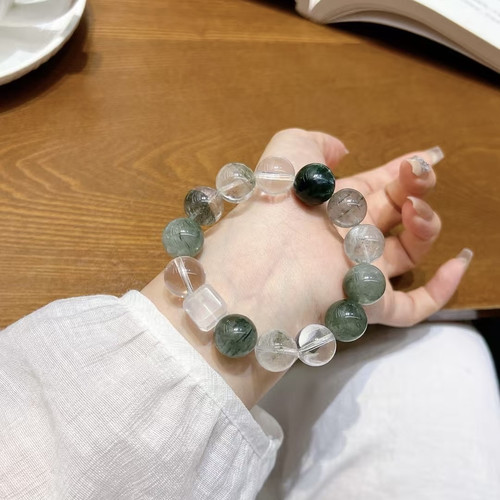 正品天然水晶多宝手链女款绿幽灵绿发晶绿龙晶单圈转运手串礼物男