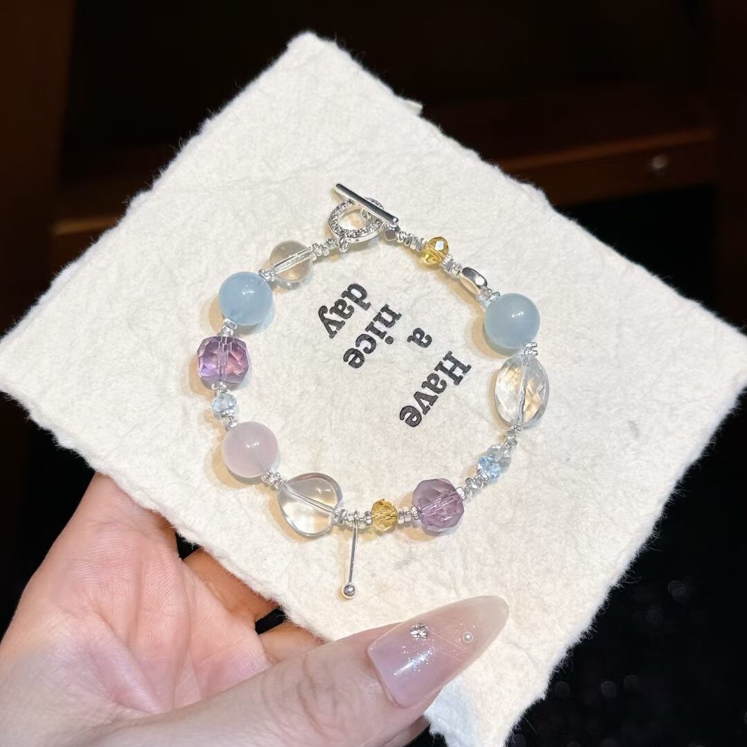 正品天然水晶碎银手链女款多宝海蓝宝粉晶手串送闺蜜女友礼物证书