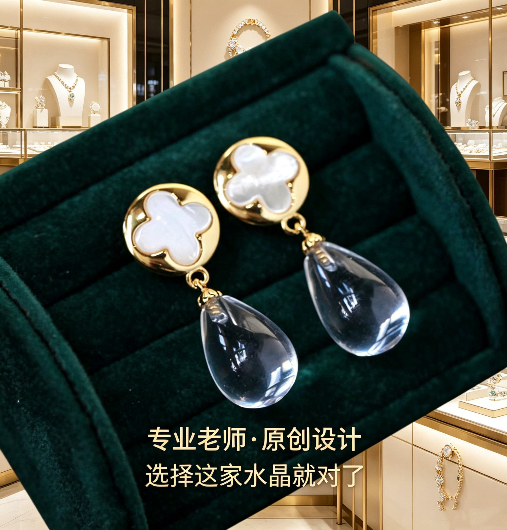 小众设计天然白水晶四叶草水滴耳勾通透简约百搭日常高级感耳环女