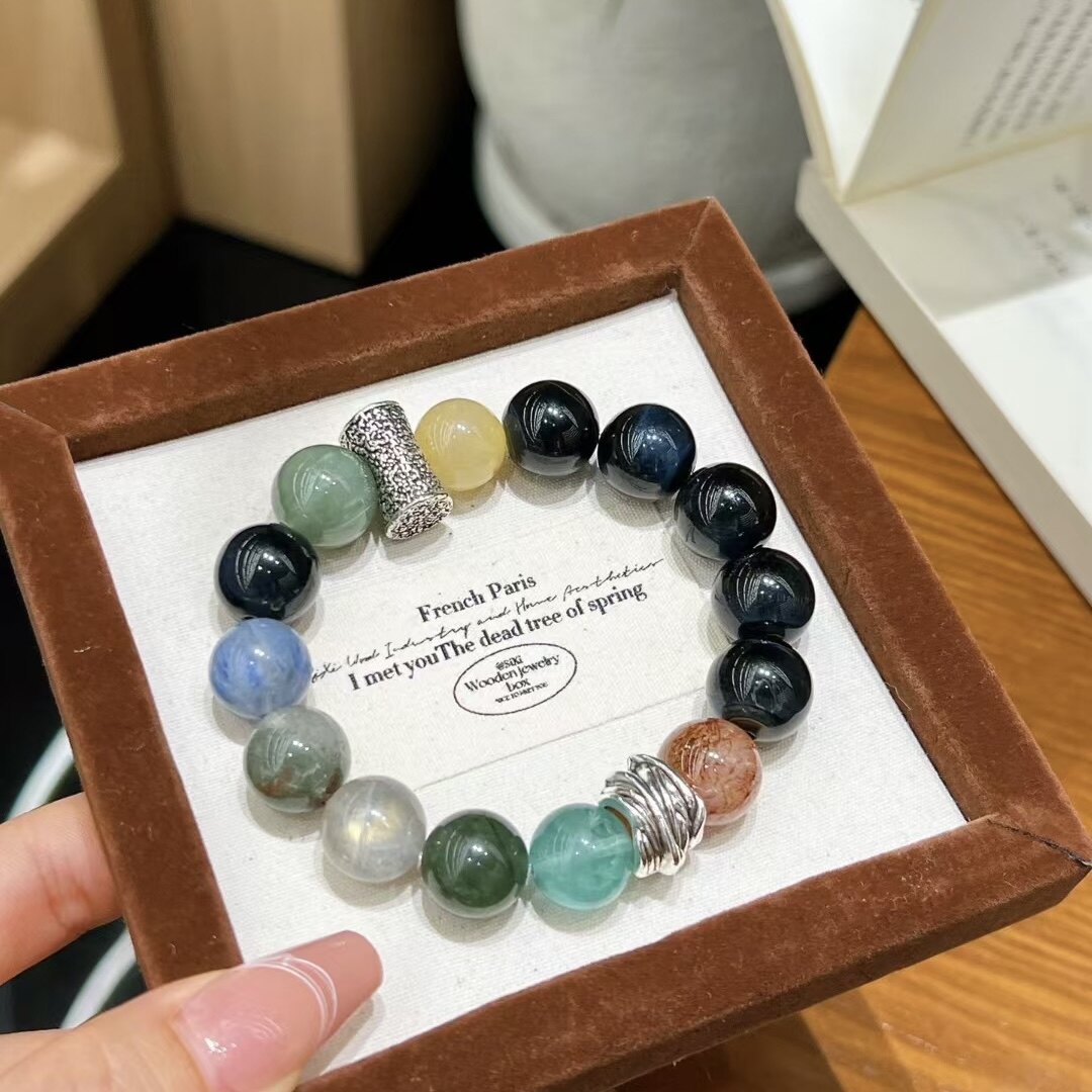 星域蓝虎眼绿发晶蓝晶石黑金超绿幽灵手串小众设计水晶多宝手链男