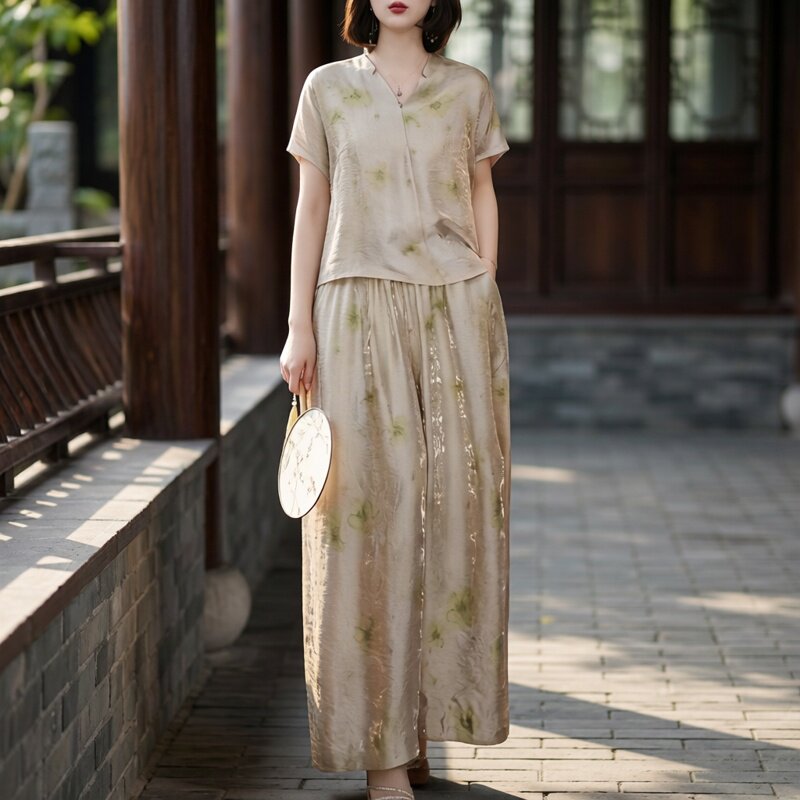 中式气质套装女夏V领印花上衣阔腿裤两件套女中年贵夫人穿搭洋气