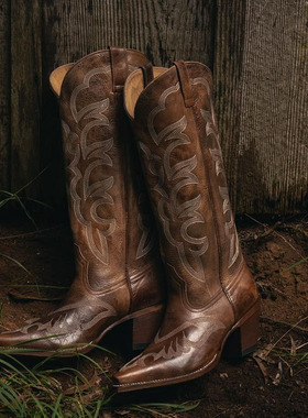 西部靴SHYANNE牛皮美式西部牛仔靴真皮里尖头15寸高筒靴骑马靴女