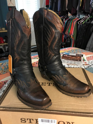 STETSON美国产雕花刺绣方头骑马靴中筒靴复古西部牛仔靴男机车靴