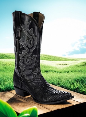 美国CORRAL南美蟒蛇皮真皮复古西部牛仔靴黑色刺绣高筒靴骑马靴男