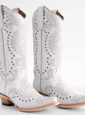 美国产corral牛皮团花刺绣尖头复古西部牛仔靴高筒靴女白色骑马靴