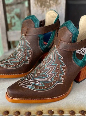 Durango头层牛皮彩色线刺绣尖头真皮粗跟及裸靴西部牛仔靴女短靴