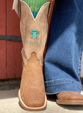 Tin Haul手工双缝线雕花牛皮中筒方头牛筋底真皮复古西部牛仔靴女