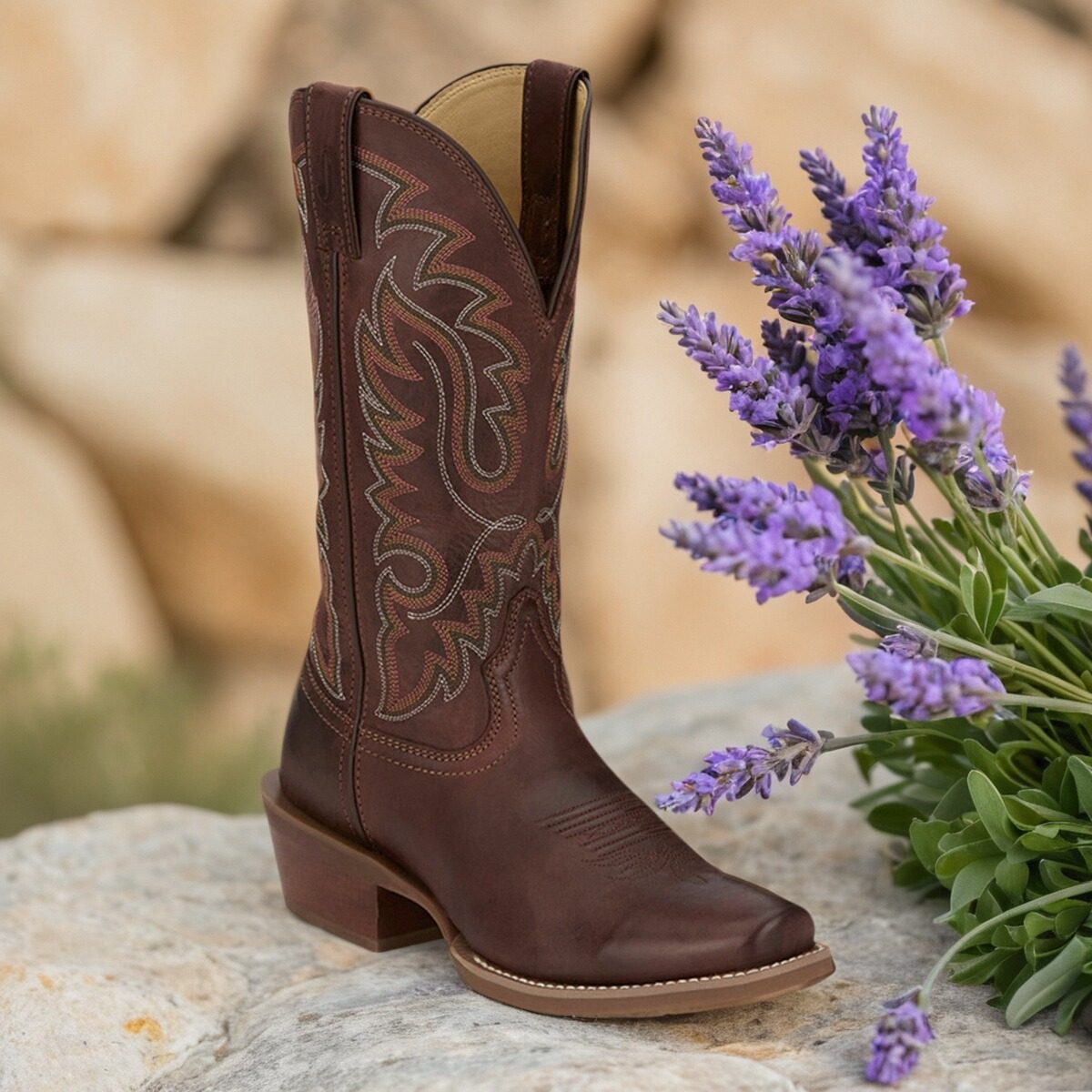 JUSTIN牛皮小方头马蹄跟牛仔靴