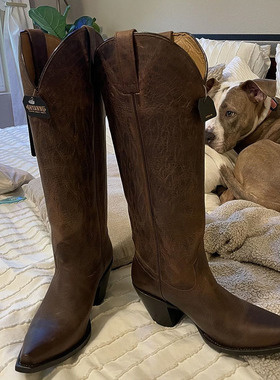 SHYANNE素色牛皮刺绣真皮尖头复古美国产西部牛仔靴女长靴骑马靴