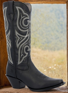 美国DURANGO牛皮真皮复古西部牛仔靴尖头黑色刺绣高筒靴骑马靴女