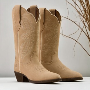 美国ARIAT反绒牛皮圆头刺绣缓震真皮花瓣口复古西部牛仔靴女马靴