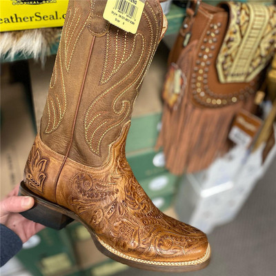 美国代购Roper烫画绣浮雕工艺牛皮真皮高筒靴西部牛仔靴骑士靴女