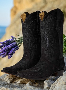 美国Corral防水牛皮真皮纯黑色复古西部牛仔靴刺绣高筒靴骑马靴男