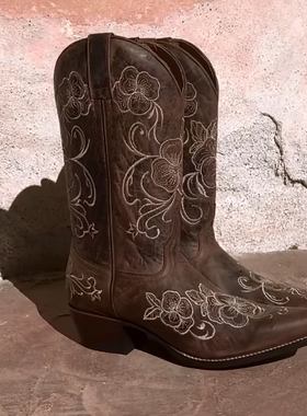 美国产SHYANNE牛皮绣花中筒骑马靴尖头粗跟真皮复古西部牛仔靴女