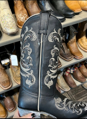 美国SHYANNE牛皮白色绣花真皮尖头高筒靴骑马靴复古西部牛仔靴女