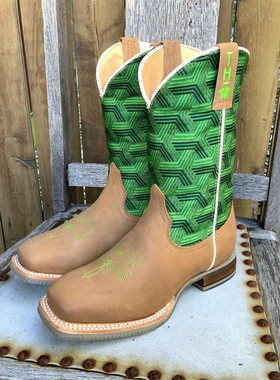 Tin Haul刺绣拼色牛皮西部牛仔靴牛皮真皮方头骑马靴25-38码儿童