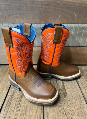 美国ROPER橘色树叶刺绣西部牛仔靴牛皮中大儿童靴骑马靴25-39码
