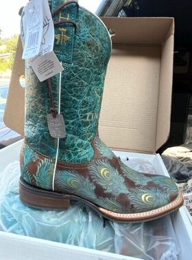 Tin Haul孔雀翎烙绣牛皮真皮古装靴复古西部牛仔靴中筒靴马术靴女