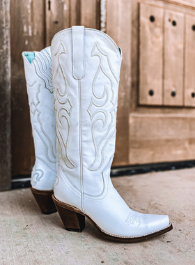 美国牛仔靴正品CORRAL牛皮尖头真皮里白色高筒西部牛仔靴骑马靴女
