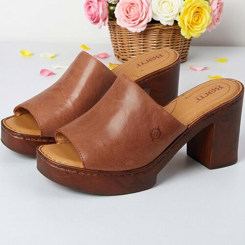 美国BORN牛皮真皮防水台舒适吸汗粗高跟一脚蹬凉拖鞋穆勒鞋女凉鞋