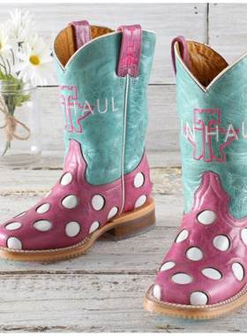 美国代购Tin Haul儿童粉色波点牛皮方头可爱骑马靴复古西部牛仔靴