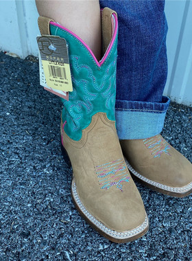 美国代购Roper中大儿童牛皮绣花刺绣拼色方头绿松石西部牛仔靴女