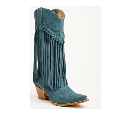 美国IDYLLWIND反绒牛皮高跟尖头流苏骑马靴真皮复古西部牛仔靴女