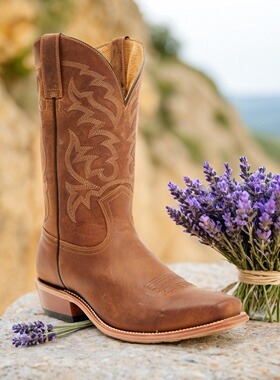 美国Moonshin纯色马皮真皮里尖头高筒骑马靴复古西部牛仔靴男39码